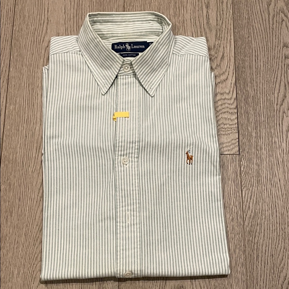 Ralph Lauren Men's White and Green Oxford Striped Shirt